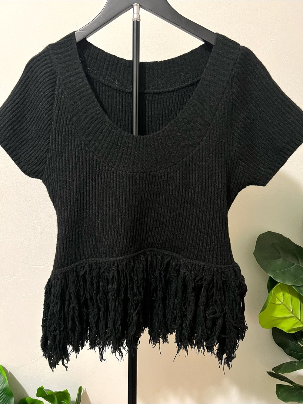 Vixey Black Fringe Knit Sweater Top XL Boho Western Festival Y2K Transitional